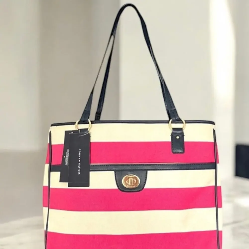 NEW TOMMY HILFIGER Satchel Tote Bag Pink Cream Striped Navy Trim NWT 1652-57